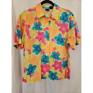 Erika Women’s Floral Hawaiian Shirt Short Sleeve Button Up Floral Size L
